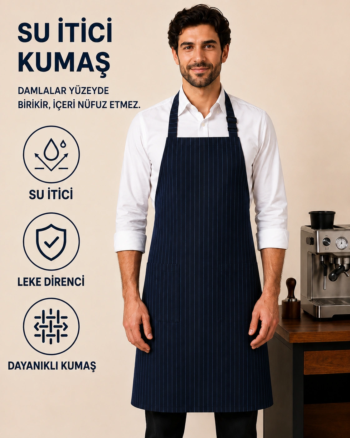 Su Geçirmez Çizgili Barista Önlüğü | Leke Tutmaz Garson ve Aşçı Mutfak Önlüğü